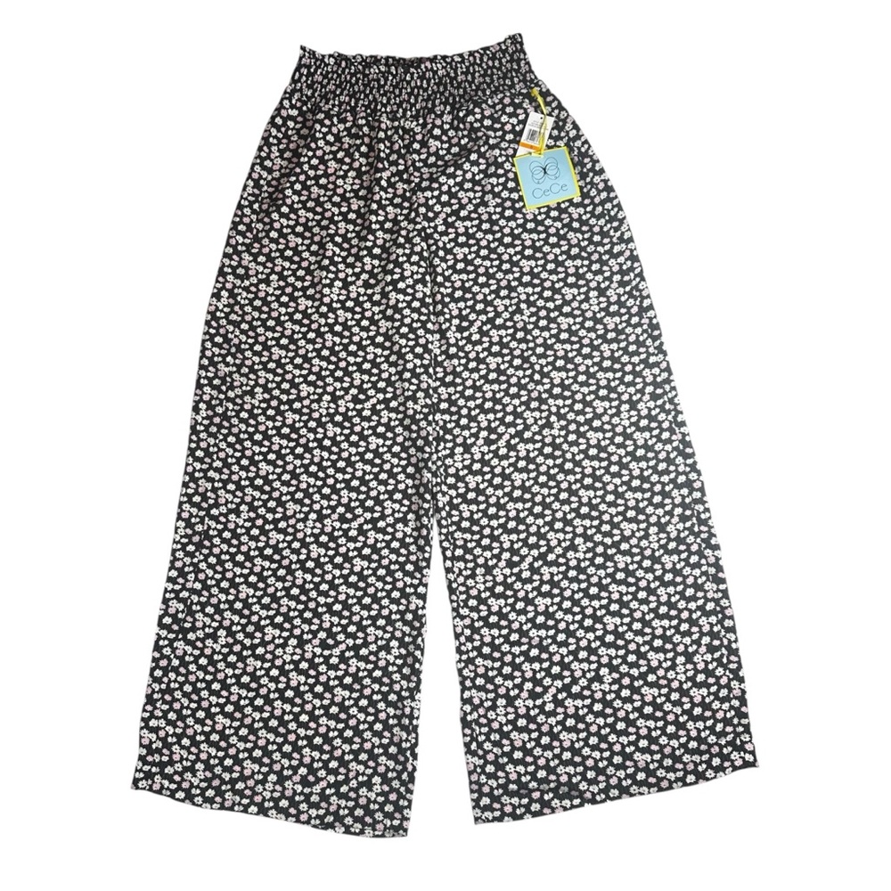 CeCe Black Floral Wide Leg Pants Size S NWT